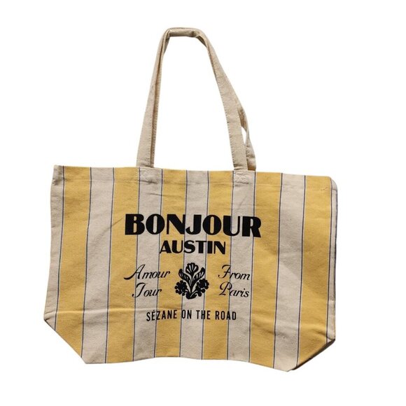 Sézane Bonjour Austin Amour Tour From Paris Tote Bag Stripe Yellow/Cream‎ - Picture 2 of 8
